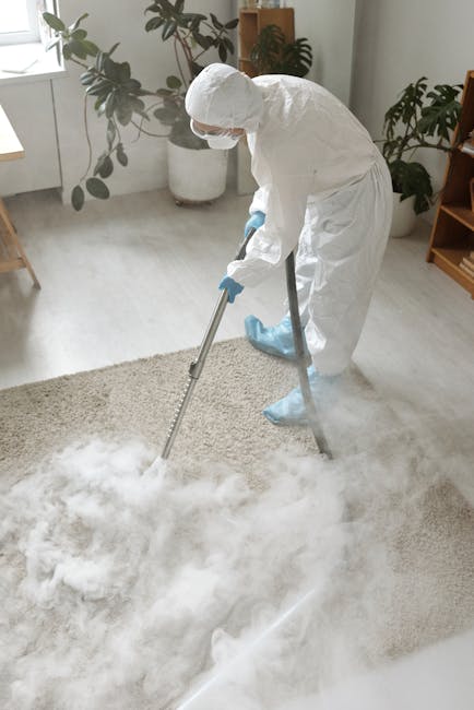 A professional cleaner dressed in full white protective suit, gloves, and face mask is performing deep carpet cleaning on a beige, plush carpet in a well-lit living room. The cleaner is using a steam cleaning machine, with visible steam and cleaning solution, to sanitize and remove dirt from the carpet surface. The room features natural light from a nearby window, wooden furniture, and potted plants, creating a clean and welcoming atmosphere. The scene highlights surface cleaning and sanitisation processes essential for maintaining hygiene in domestic environments, as provided by Carpet Cleaners W4, specialists in carpet cleaning on Chiswick High Road.